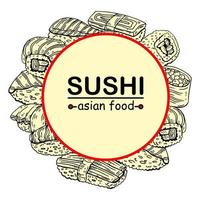 cadre de sushis et rouleaux dessinés à la main. logo cercle coloré vecteur