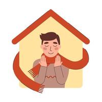 homme heureux dans une écharpe sur le fond de sa maison. illustration vectorielle de maison confortable concept vecteur