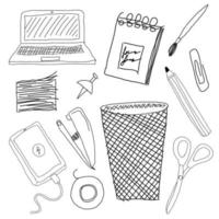 fournitures de bureau dans un style doodle. noir et blanc vecteur