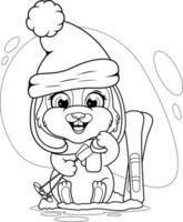 coloriage. mignon lapin d'hiver avec des skis vecteur