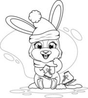 coloriage. mignon lapin d'hiver avec des patins vecteur