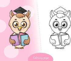 coloriage. un hibou intelligent avec des livres vecteur