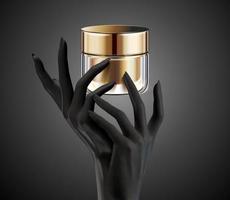 mains noires tenant un paquet de pot de crème cosmétique isolé sur fond d'illustration 3d vecteur