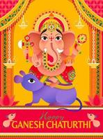 affiche du festival de ganesh chaturthi avec le joli dieu hindou ganesha à cheval sur mushika vecteur