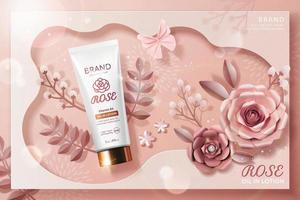 annonces de tube de lotion rose avec des fleurs en papier en illustration 3d, vue de dessus vecteur