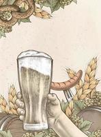 Retro style gravure sur bois hand holding bière artisanale avec des saucisses et des bretzels vecteur