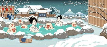 femmes japonaises de style ukiyo-e et singe mignon profitant d'une source chaude et d'un saké en plein air, de beaux paysages enneigés d'hiver vecteur