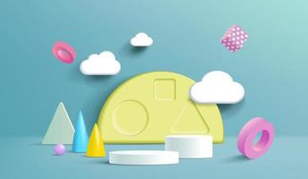 Podium 3d sur fond coloré formes géométriques abstraites avec arc-en-ciel mignon, affichage de produits pour enfants vecteur