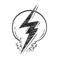 éclair électrique dessiné à la main, coup de tonnerre dans le style doodle. isolé sur fond blanc. illustration vectorielle vecteur