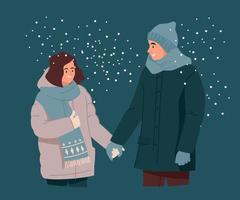 les amants marchent main dans la main. homme et femme en vêtements d'hiver. l'hiver et l'amour. image vectorielle. vecteur