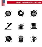 joyeux jour de l'indépendance 9 pack d'icônes de glyphes solides pour le web et l'impression panier sports country bat ball modifiables usa day vector design elements