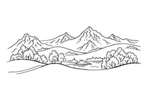 paysage avec montagnes et arbres. illustration dessinée à la main convertie en vecteur. vecteur