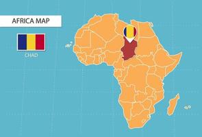 carte du tchad en afrique, icônes indiquant l'emplacement du tchad et les drapeaux. vecteur