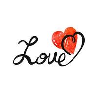 lettres d'affiche de typographie dessinées à la main de vecteur noir et blanc amour avec forme de coeur aquarelle rouge. peut être utilisé comme cartes de vœux, Saint Valentin, mariage, impressions ou décorations pour la maison