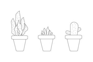 trois plantes de jardin en pot vecteur par illustration de collection de jeu de ligne mince noire.