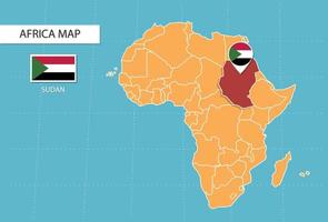 carte du soudan en afrique, icônes indiquant l'emplacement du soudan et les drapeaux. vecteur