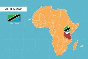 carte de la tanzanie en afrique, icônes indiquant l'emplacement et les drapeaux de la tanzanie. vecteur