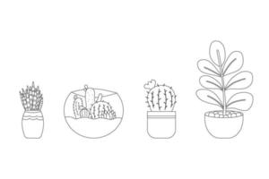 pot de collection de plantes vecteur dessiné à la main par une illustration de collection de jeu de lignes fines noires.