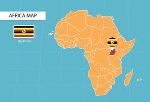 carte de l'ouganda en afrique, icônes indiquant l'emplacement et les drapeaux de l'ouganda. vecteur