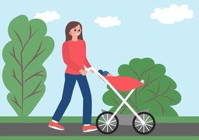 heureuse jeune mère marchant avec son bébé dans un landau dans le parc. illustration plate de vecteur. vecteur
