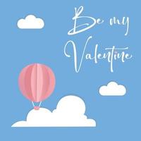 carte postale d'amour de vecteur pour la saint valentin avec ballon rose, nuages de papier et fond bleu