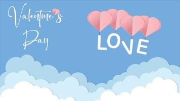 carte postale d'amour de vecteur pour la saint valentin avec l'inscription amour, accrochée au coeur, nuages de papier et fond bleu