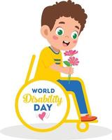 illustration d'un garçon en fauteuil roulant tenant une fleur qui lui a été offerte lors de la journée internationale du handicap. illustration vectorielle de la journée mondiale du handicap. adapté à l'affiche et à la bannière. vecteur