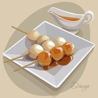 illustration de la cuisine asiatique dango en sauce. délicieux dessert de riz sur un bâton en sauce sucrée. adapté à l'impression de menus dans un restaurant. vecteur