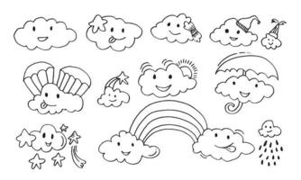 icônes de prévision météo kawaii. nuages ??de vecteur dessinés à la main drôle. illustration vectorielle.