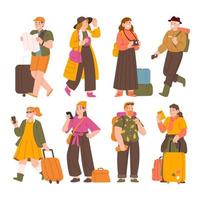 ensemble de personnages touristiques. jeune couple famille, touristes voyageant avec sacs à dos et sacs, valises. vecteur isolé de personnes de vacances d'été. illustration du personnage touristique d'été, femme et homme