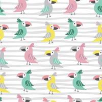 modèle sans couture d'oiseaux drôles tropicaux. perroquets colorés de vecteur dans un style de dessin animé plat simple dessiné à la main. impression pour bébé textile, vêtements, papier peint, emballage