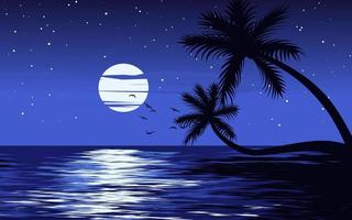 paysage nocturne en mer avec lune, étoiles et palmiers. illustration de paysage de vecteur