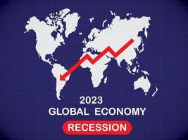 Récession économique de 2023, chute des affaires mondiales avec flèche descendante et carte du monde. argent perdu. crise boursière, crise financière et fond de concept d'inflation financière bleu foncé. vecteur