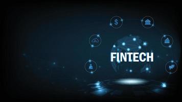 technologie financière et classe mondiale des affaires. icône fintech et choses sur fond de technologie bleu foncé représente la connexion technologie financière, banque et classe mondiale des affaires. vecteur