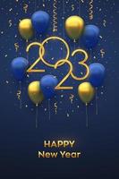 bonne année 2023. accrocher des numéros métalliques dorés 2023 avec des ballons d'hélium festifs 3d et des confettis tombant sur fond bleu. nouvel an, carte de voeux de noël, modèle de bannière. illustration vectorielle. vecteur