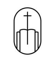 croix de ligne de religion et livre ouvert ou bâtiment d'église. illustration d'icône de logo vectoriel isolée. jésus christ sur le calvaire est le centre du christianisme. dieu pardon et amour pour les gens