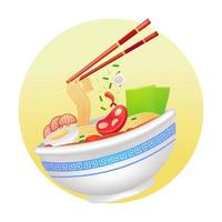 cuisine japonaise, illustration 3d de ramen dans un bol sur blanc vecteur