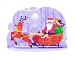 le père noël monte un traîneau avec des rennes pour offrir des cadeaux de noël. joyeuses fêtes de noël. illustration vectorielle dans un style plat