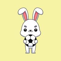 lapin mignon tenant ballon de football dessin animé mascotte doodle art dessiné à la main concept vecteur kawaii icône illustration