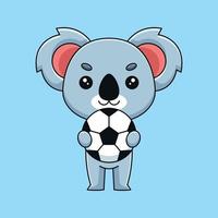 koala mignon tenant ballon de football dessin animé mascotte doodle art dessiné à la main concept vecteur kawaii icône illustration