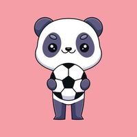 panda mignon tenant ballon de football dessin animé mascotte doodle art dessiné à la main concept vecteur kawaii icône illustration