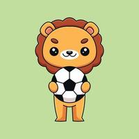 mignon lion tenant ballon de football dessin animé mascotte doodle art concept dessiné à la main vecteur kawaii icône illustration
