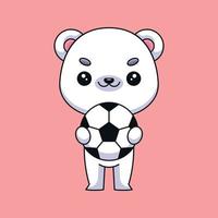 ours polaire mignon tenant ballon de football dessin animé mascotte doodle art dessiné à la main concept vecteur kawaii icône illustration