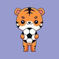 tigre mignon tenant ballon de football dessin animé mascotte doodle art dessiné à la main concept vecteur kawaii icône illustration