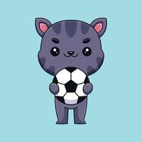 chat mignon tenant ballon de football dessin animé mascotte doodle art dessiné à la main concept vecteur kawaii icône illustration