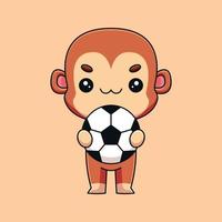 singe mignon tenant ballon de football dessin animé mascotte doodle art dessiné à la main concept vecteur kawaii icône illustration