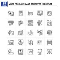 25 jeux d'icônes de production vidéo et de matériel informatique. fond de vecteur