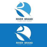 création de logo de rivière, vecteur de ruisseau de rivière, illustration au bord de la rivière avec une combinaison de montagnes et de nature, marque de produit