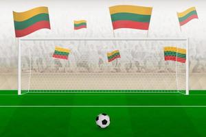 fans de l'équipe de football de lituanie avec des drapeaux de lituanie acclamant le stade, concept de coup de pied de pénalité dans un match de football. vecteur