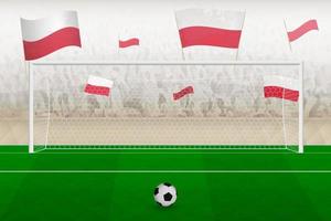 fans de l'équipe de football de pologne avec des drapeaux de pologne acclamant le stade, concept de coup de pied de pénalité dans un match de football. vecteur
